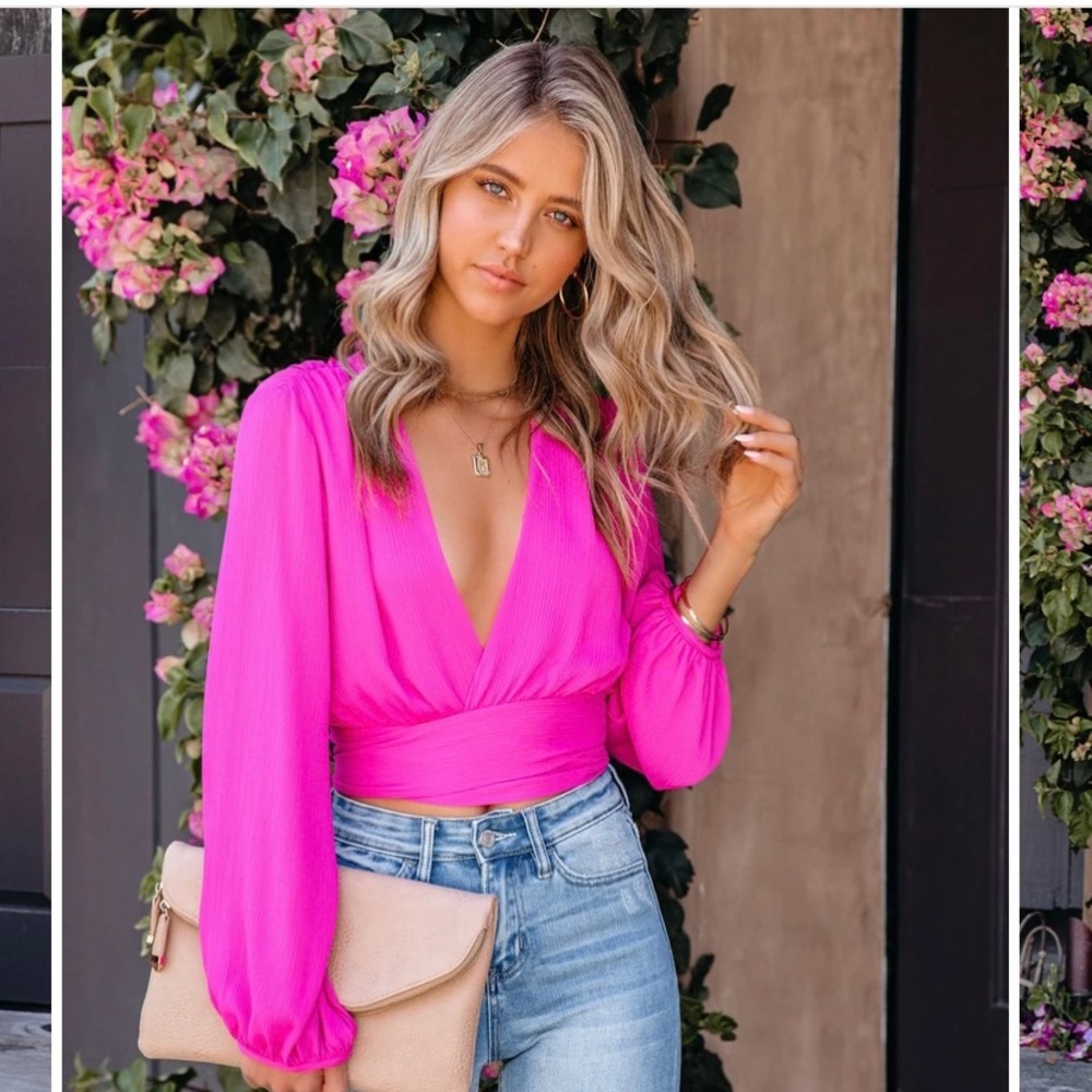 SMALL:Vittoria Tie Front Crop Blouse, Fuchsia NWOT